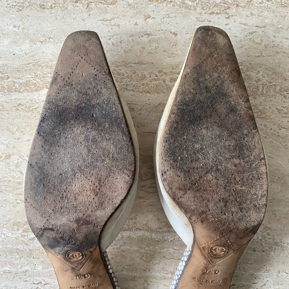 CHANEL Beige and White Mules with Bow Detail